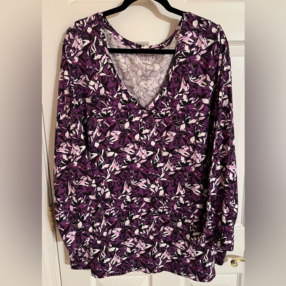 Roaman's Purple and Black Floral V-Neck Top